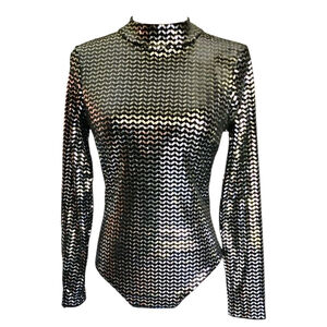 Vintage Y2K Charlotte Russe Black Silver Mirror Metallic Bodysuit Top Women's S